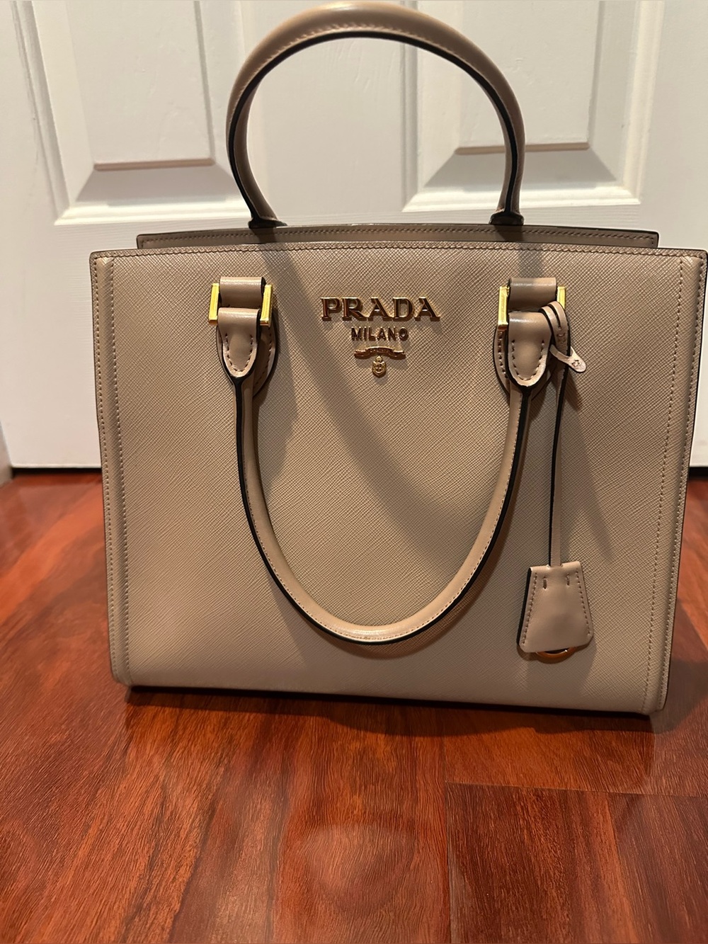 Prada Beige Taupe Saffiano Leather Satchel with Gold Hardware